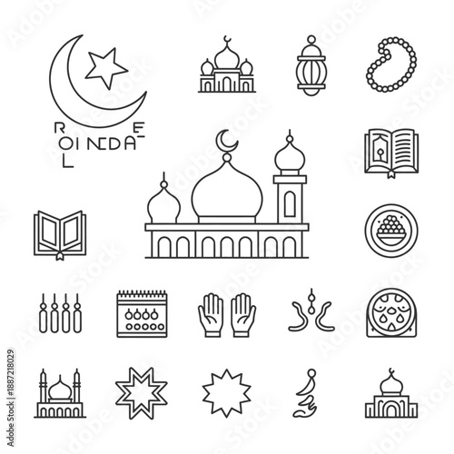 Islamic symbols and in black and white line mosque
