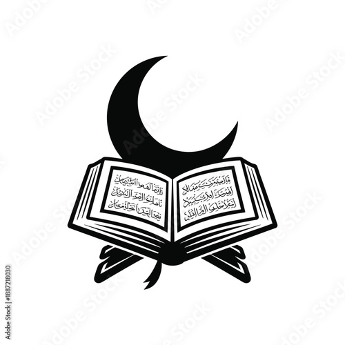 Open book with Arabic text and crescent moon above it
