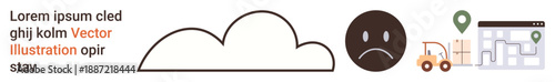 Climate awareness, transportation systems, GPS tracking, emissions measurement, digital mapping, sustainability practices. Cloud with a sad face, truck and map icons. Climate awareness