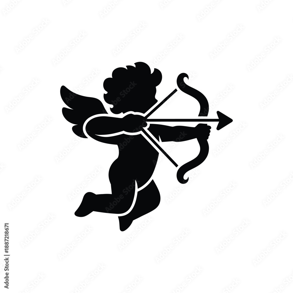 Fototapeta premium Black silhouette of a cherub with a bow and arrow baby