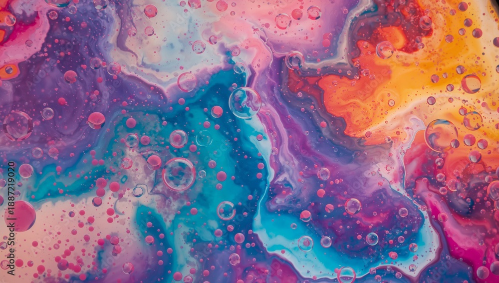 Fototapeta premium Colorful Abstract Pattern With Bubbles and Swirls in Vibrant Shades During a Close-Up Shot