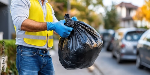 Garbage man demonstrates proper waste disposal technique with care