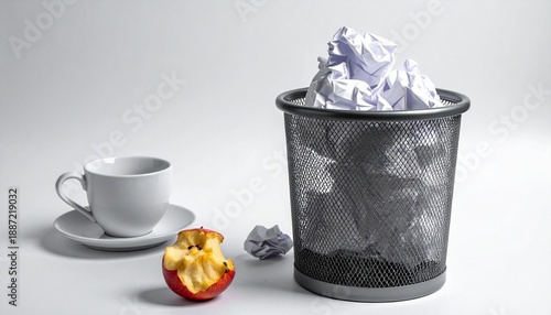 Mesh wastebasket with crumpled paper, coffee cup, and apple core on white background in office discard composition
