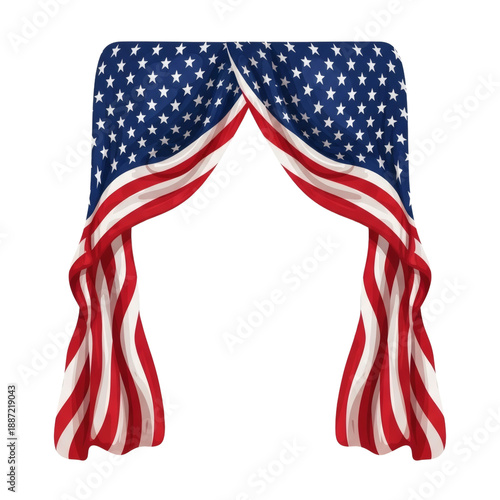 American flag curtains draped open with stars and stripes pattern isolated on transparent background