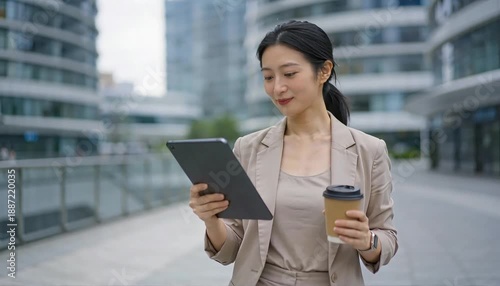 Confident businesswoman using tablet and holding coffee cup in modern urban setting