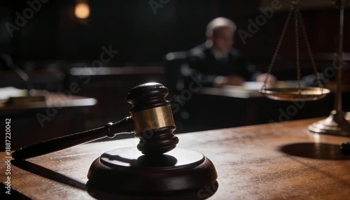 Elegant wooden gavel in a courtroom setting with blurred background of legal professionals
