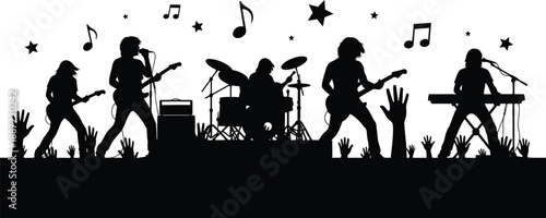 Silhouette of a rock band performing on stage with musical notes and stars in the background