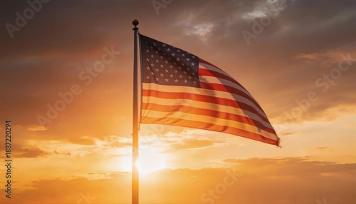 American Flag Waving Against Dramatic Sunset Sky with Clouds and Warm Light
