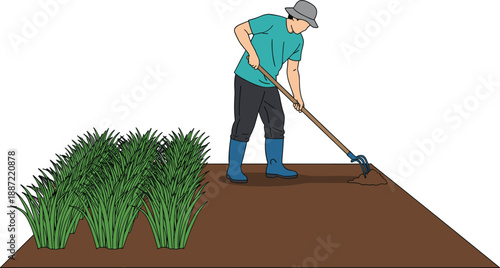 Farmer plowing soil vector illustration, agricultural worker preparing land with hoe near crops, traditional farming and cultivation concept, isolated flat design