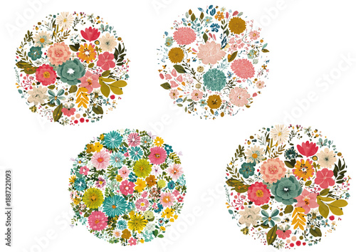 Set of colorful hand-drawn style wildflower round bouquets and wreaths (Spring garden concept) (화려한 손그림 스타일의 야생화 원형 꽃다발과 리스 세트 - 봄 정원 컨셉)