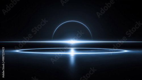 Minimal sci-fi horizon with glowing white-blue ring and rising arc over a reflective dark surface. Futuristic and elegant abstract background with dramatic lighting. Ideal for presentation