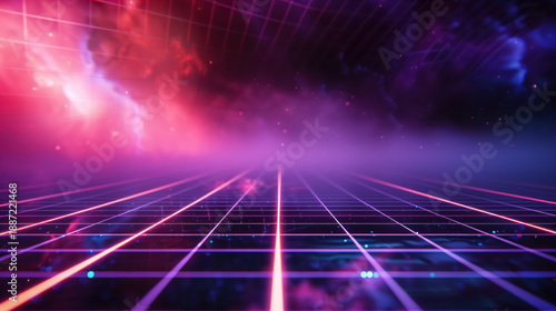 Retro-futuristic neon grid landscape with cosmic glow and colorful light effects. Sci-fi synthwave background in vibrant pink, purple, and blue tones. Ideal for presentation, poster, wallpaper, banner