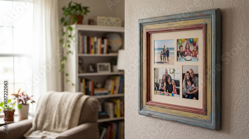 Family photo frame hangs on wall. Photo frame shows happy family moments in cozy living room, for mothers day gift, christmas card, thanksgiving memories, home decor concept, warm nostalgia theme