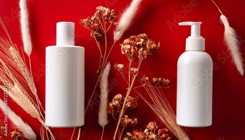 Wallpaper Mural white cosmetic bottles with dried flowers on red background minimalist beauty and skincare layout Torontodigital.ca