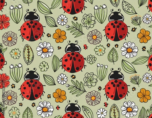 Wallpaper Mural seamless pattern with ladybirds and flowers Torontodigital.ca