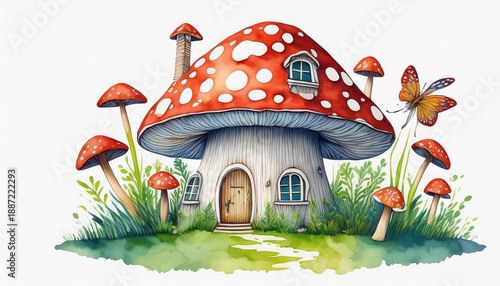 Wallpaper Mural whimsical watercolor mushroom house surrounded by green grass isolated on white background Torontodigital.ca
