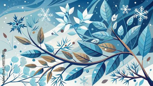 Very beautiful minimalist composition of snowy branches and delicate leaves scattered across a white canvas, capturing frozen snowflakes and quiet winter elegance in a refined natural scene.