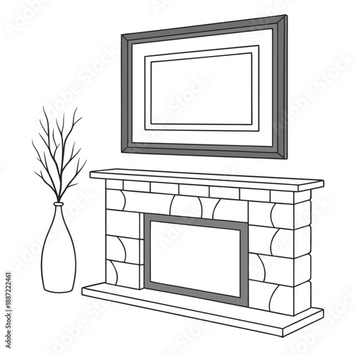 Vector illustration of a fireplace with a picture frame and a vase on a white background
