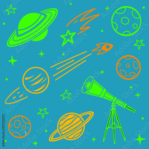 Seamless Space Pattern with Planets, Rocket, Stars and Telescope in Neon Doodle Style