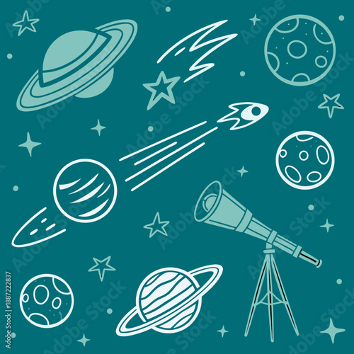 Seamless Space Doodle Pattern with Planets, Rocket and Telescope on Teal Background