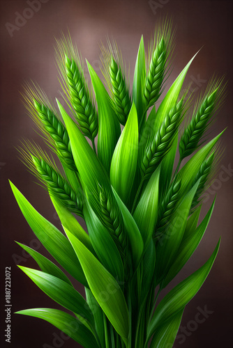 Photorealistic Green Wheat Stalks on Dark Background created with Generative AI Technology, ai, generative 