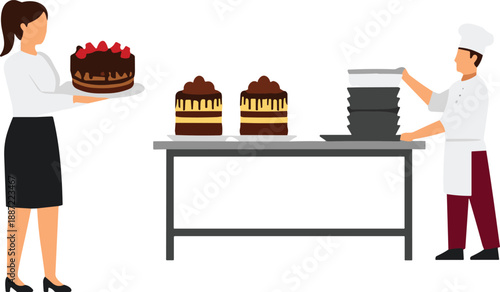 Bakery kitchen vector illustration, chef preparing cakes and woman serving dessert, pastry shop workflow and confectionery business concept, isolated flat design