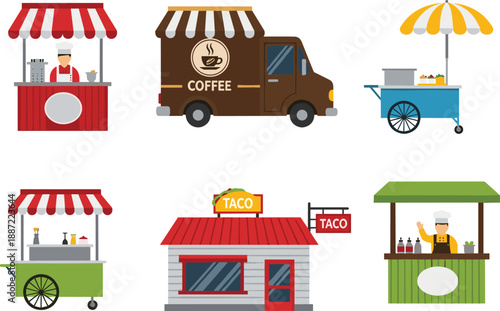 Street food stalls and food truck vector illustration set, coffee van, taco shop and mobile carts, fast food business concept, isolated flat design