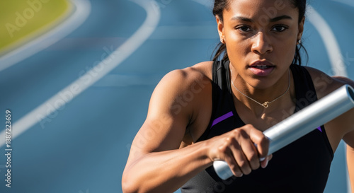 Female track athlete in relay race focusing on running on blue track while holding baton. Athletic female runner displays determination as she prepares for the relay task.
