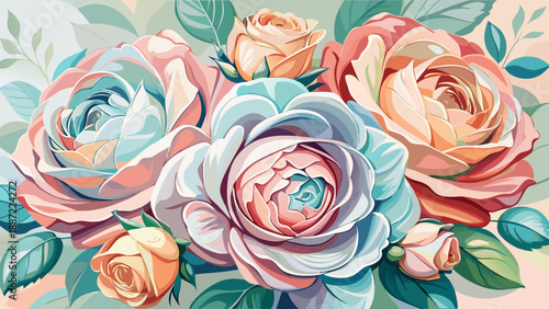 Very beautiful delicate watercolor roses blooming in soft pastel hues, featuring intricate floral details and gentle color transitions that evoke romance, elegance, and timeless botanical beauty.