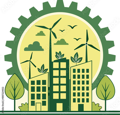 Green cityscape with eco friendly buildings and wind turbines in a gearwheel, sustainable urban development