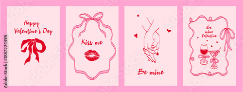 Romantic Valentine’s Day poster templates in hand-drawn coquette style. Red line art with bows, lips and love symbols on soft pink background, ideal for cards, prints, invitations and social media.