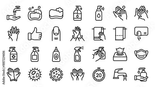 Handwashing and Sanitizing Icon Set with 28 Clean Outline Vector Icons for Hygiene, Soap, Hand Sanitizer, Faucet, Virus Protection, Medical Safety, Face Mask, Gloves, and Personal Care Essentials.
