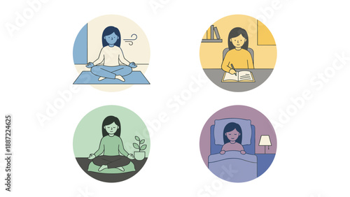 Set of four flat vector illustrations depicting a woman engaged in mindfulness activities: deep breathing, journaling at a desk, meditating in a zen pose, and sleeping soundly in bed.