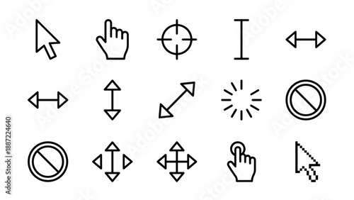 Set of 15 Minimalist Cursor and Mouse Pointer Line Icons with Uniform Stroke. Vector Icons Include Arrow, Hand, Crosshair, Resize, Loading Spinner, and Prohibited Symbols for Web and UI Design.