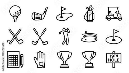 Comprehensive set of 15 golf sport and club line icons including ball on tee, clubs, bag, cart, golfer silhouette, scorecard, glove, and trophy. Minimalist vector icons for sports branding.