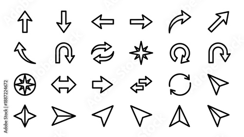 Collection of 24 minimalist arrow and direction pointer line icons in vector style with uniform stroke width. Features navigation symbols, cursors, circular arrows, and compass stars for UI design.