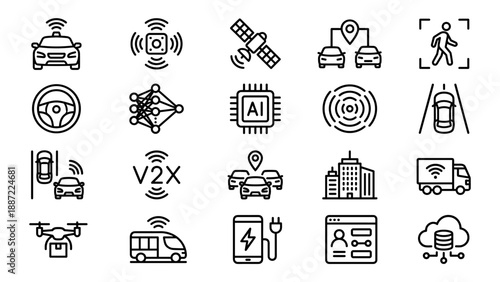 Collection of 20 autonomous vehicle and self-driving technology line icons in minimalist vector style. Features AI, V2X, smart city, sensors, electric cars, delivery drones, and cloud data.