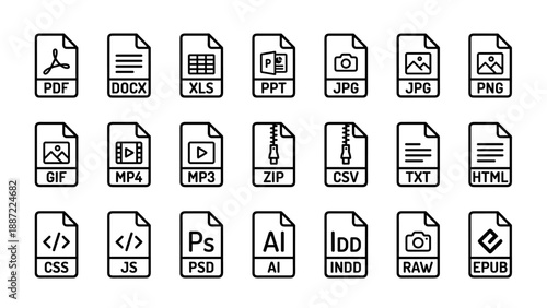 Comprehensive Set of 21 Minimalist File Type and Document Format Line Icons, Including PDF, DOCX, XLS, PPT, JPG, PNG, MP4, MP3, ZIP, HTML, CSS, JS, PSD, AI, INDD, RAW, and EPUB for Digital Design.