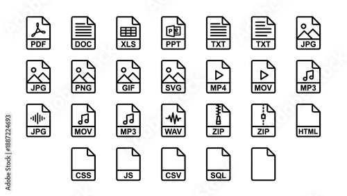 Comprehensive Set of 26 File Type and Document Format Line Icons in Minimalist Vector Style, Featuring Extensions like PDF, DOC, XLS, PPT, TXT, JPG, PNG, MP4, MP3, ZIP, HTML, CSS, JS, and SQL.