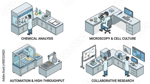 Isometric Vector Illustration Set of Laboratory Research Scenes Featuring Chemical Analysis, Microscopy, Cell Culture, Automation, High-Throughput Technology, and Collaborative Science Work