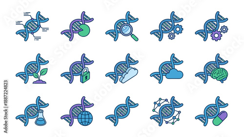Set of 15 DNA helix icons for biotechnology, genetic research, and science. Features symbols for brain health, medicine, data analysis, and environmental genetics in a modern line art style.