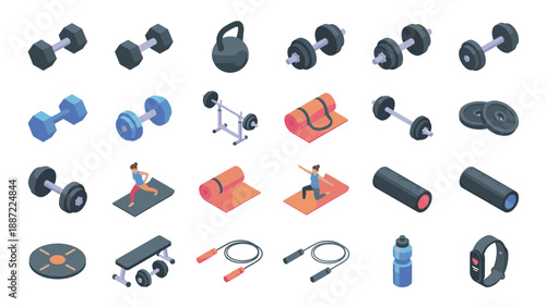 Isometric Fitness and Gym Equipment Icon Set with Dumbbells, Barbells, Kettlebells, Yoga Mats, Workout Bench, Jump Ropes, Water Bottle, and Smartwatch for Health, Wellness, and Exercise Apps.