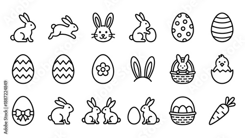 Vector Easter Icon Set with Bunny Rabbits, Decorated Eggs, Chick, Carrot, and Baskets in Minimalist Line Art Style. Ideal for Spring Holiday Designs, Greeting Cards, Stickers, and Web Graphics.