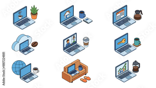 Isometric Remote Work Icon Set Featuring Laptops with Video Calls, Calendars, and Data Charts, Paired with Coffee Mugs, Plants, and Home Office Elements for Telecommuting and Freelance Careers.