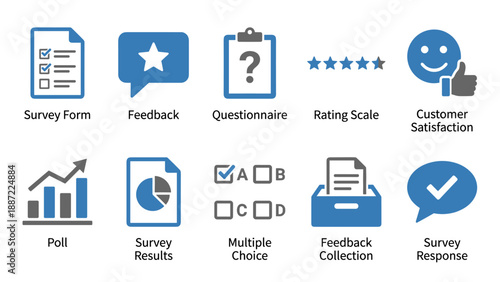 Set of 10 survey and feedback icons featuring survey form, feedback, questionnaire, rating scale, customer satisfaction, poll, survey results, multiple choice, feedback collection, and survey