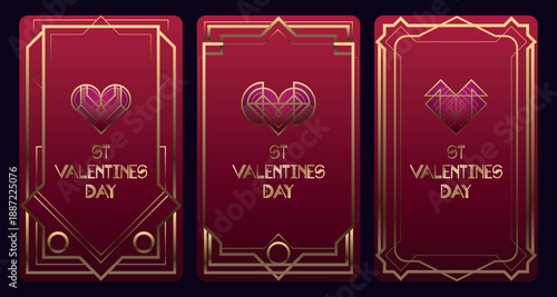 Set of vintage retro style invitation for Valentines Day in Art Deco. Art deco border and frame. Vector illustration. EPS 10
