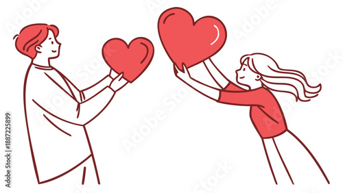 Romantic illustration of a loving couple exchanging heart symbols. Man and woman holding and sharing hearts, expressing affection, care, and connection. Perfect for valentine day designs, love concept