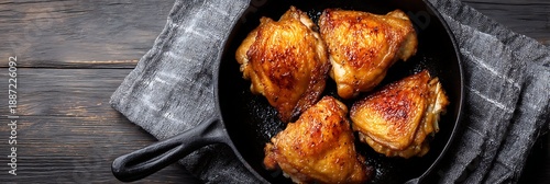 close-up of chicken and frying pan, cooking, poster