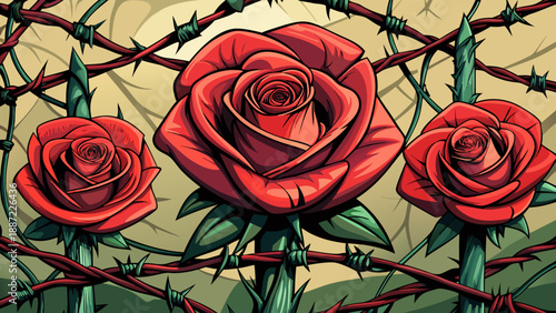 Very beautiful conceptual illustration of roses positioned behind barbed wire, contrasting soft organic beauty with industrial steel elements to symbolize tension between nature and human structures.