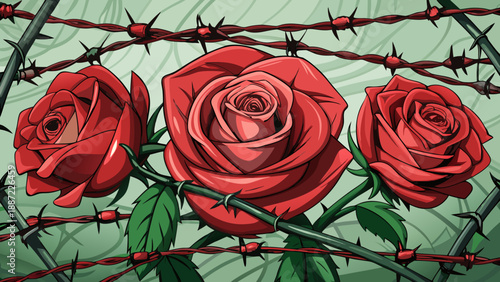 Very beautiful conceptual illustration of roses positioned behind barbed wire, contrasting soft organic beauty with industrial steel elements to symbolize tension between nature and human structures.